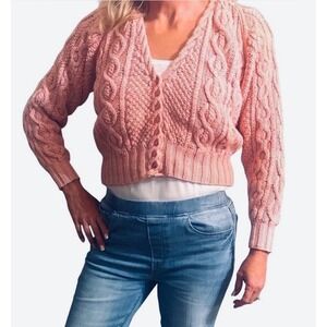 Hand Knit Pink Cable Knit Cardigan | Coquette Vintage Grandpa Sweater SZ Small